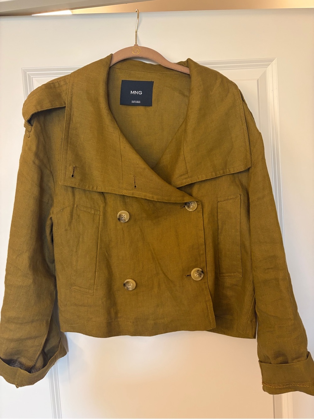 Mango Double-Breasted Cropped Pea Coat in Olive Green